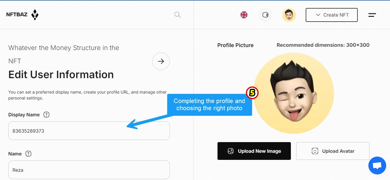 step of complete profile on nfttbaz