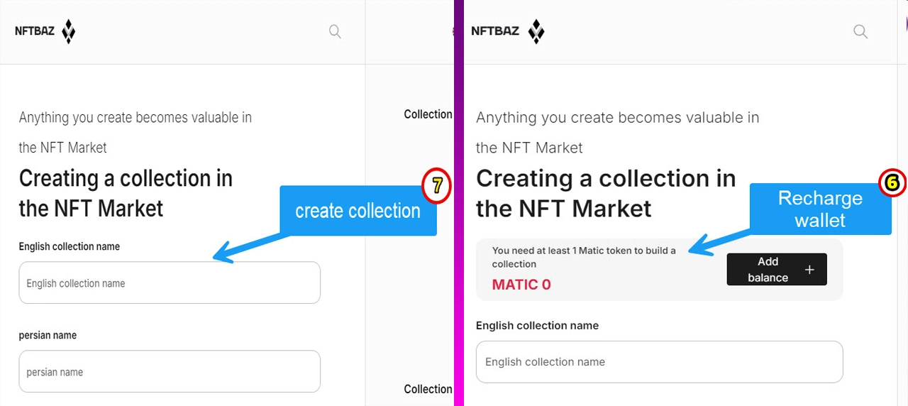 step of creating collection and fund wallet on nfttbaz